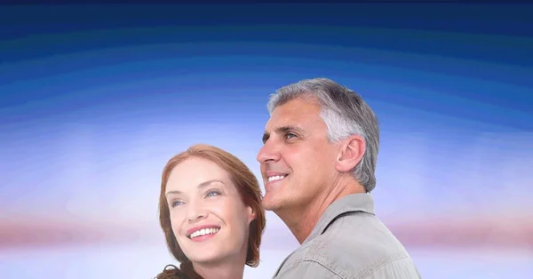 Composition Happy Mature Couple Looking Away Smiling Cloudless Blue Sunset — Stock Photo, Image
