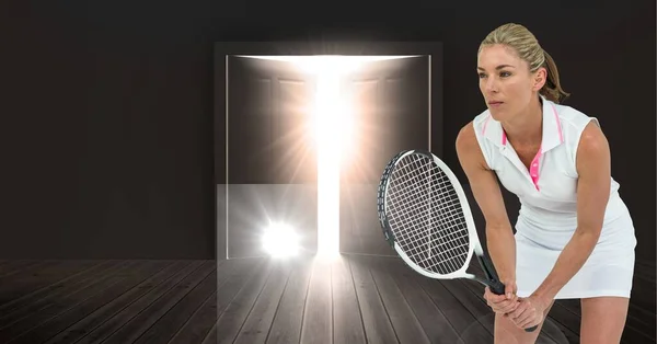 Composizione Tennista Donna Con Racchetta Tennis Con Luce Che Brilla — Foto Stock