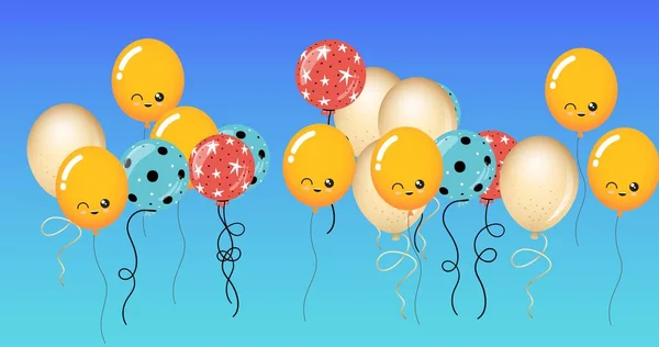 由多个红色 蓝色和黄色气球组成 其脸在蓝色背景上 派对和庆祝的概念数字生成的图像 — 图库照片