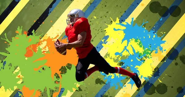 Composizione Giocatore Football Americano Con Pallone Colorate Splodge Strisce Evento — Foto Stock