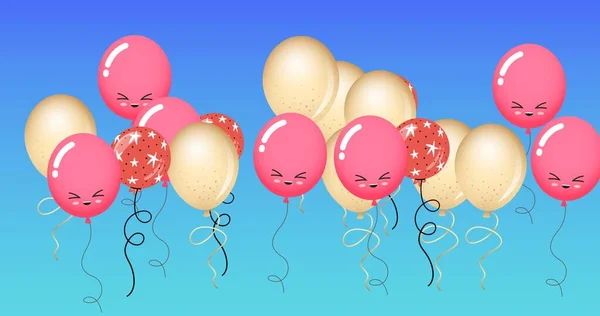 Composizione Palloncini Gialli Rosa Multipli Con Facce Sfondo Blu Partito — Foto Stock