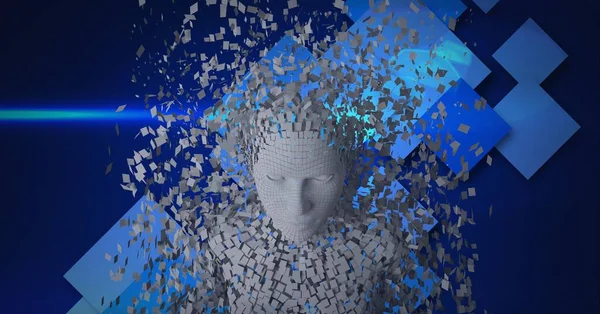 背景に灰色の粒子と青い画面で形成された爆発的な人間のバストの構成 世界的なオンラインアイデンティティとセキュリティの概念デジタルで生成された画像 — ストック写真