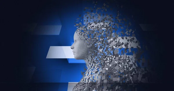 Composition Exploding Human Bust Formed Grey Particles Screens Blue Background — Stock Photo, Image