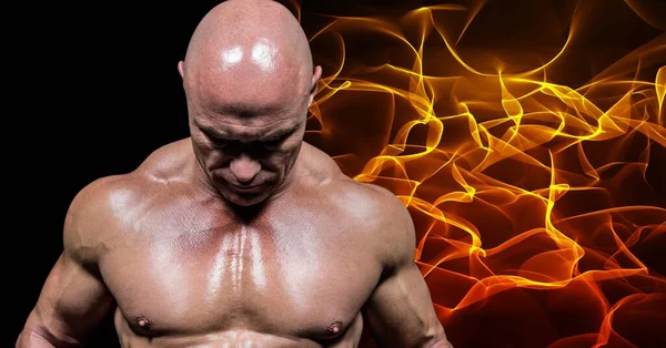 Composición Del Hombre Musculoso Caucásico Sobre Fondo Fuego Deporte Fitness —  Fotos de Stock