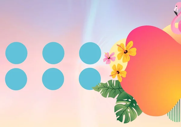 火烈鸟和热带植物元素的组成 在粉红色和淡紫色背景上有蓝色圆圈 背景设计模板概念 数字图像生成 — 图库照片