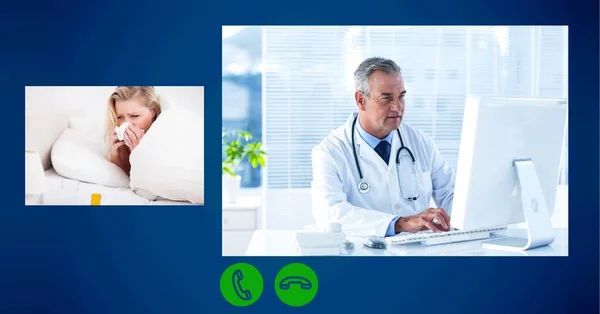 Composition Screens Sick Female Patient Male Doctor Online Consultation Global — Stock Photo, Image