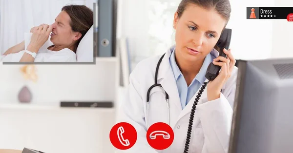 Composição Médico Feminino Falando Por Telefone Durante Consulta Line Conceito — Fotografia de Stock