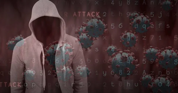 Samenstelling Van Hooded Hacker Met Covid Cellen Cyber Aanval Security — Stockfoto