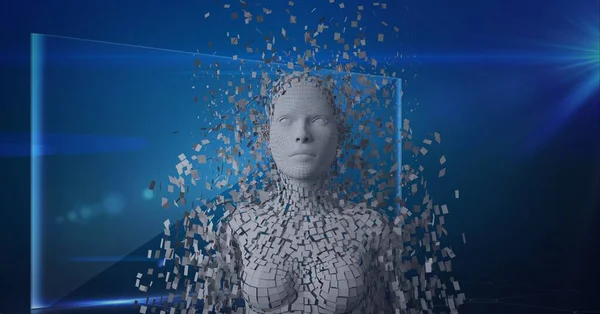 青い背景に灰色の粒子とスクリーンで形成された爆発的な人間のバストの構成 世界的なオンラインアイデンティティとセキュリティの概念デジタルで生成された画像 — ストック写真