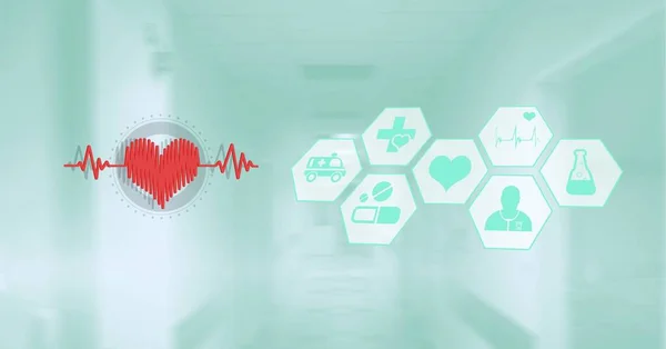 Composición Del Monitor Frecuencia Cardíaca Red Iconos Médicos Sobre Hospital — Foto de Stock