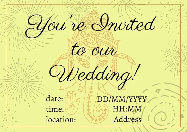 あなたの構成は黄色のアジアのパターンの私達の結婚式のテキストそしてコピースペースに招待される 招待状やお祝いのコンセプトをデジタルで — ストック写真