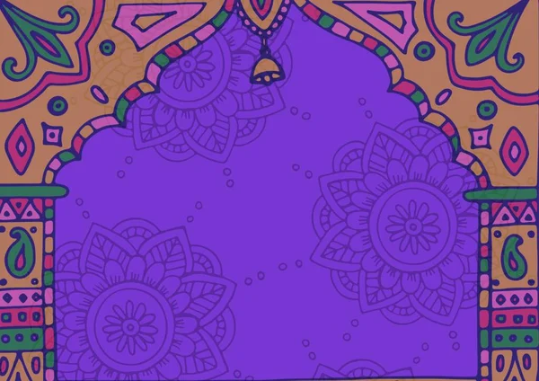 传统民族装饰拱门的组成 具有紫色背景的钟形和花纹 问候卡或邀请卡设计模板概念 数字生成的图像 — 图库照片