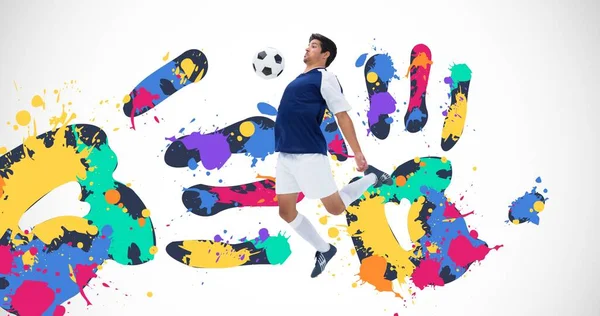 Samenstelling Van Een Voetballer Met Bal Kleurrijke Handafdrukken Witte Achtergrond — Stockfoto