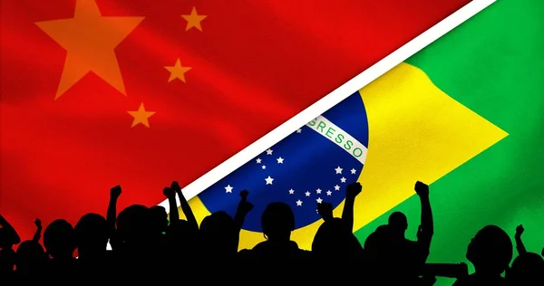 Spor Fanatiklerinin Çinlilerin Brezilya Bayraklarının Silueti Spor Etkinliği Yarışma Konsepti — Stok fotoğraf