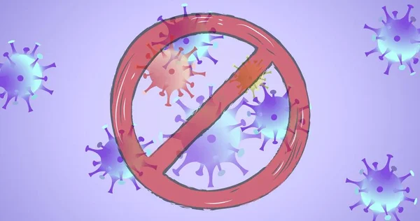紫色の背景にCovid 19細胞上のエントリサインの組成 世界的なコロナウイルスのパンデミック 医療の概念はデジタルで生成され — ストック写真