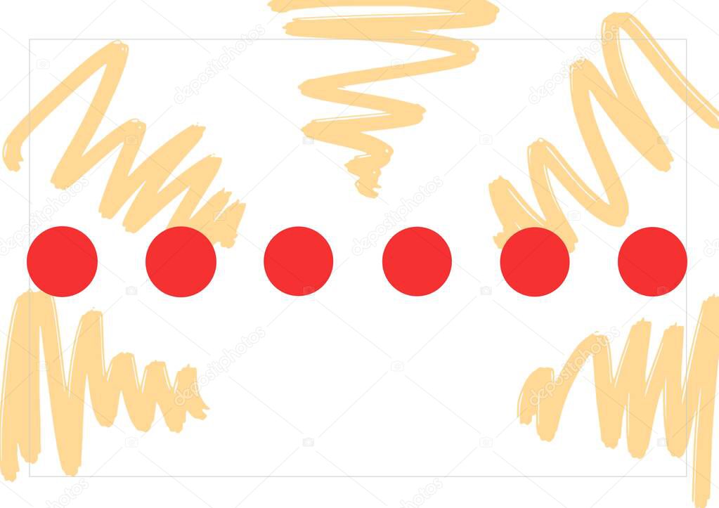 Composition of six red circles with pale brown squiggles on white background. background design template concept with copy space, digitally generated image.