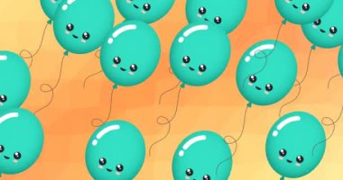 Turuncu arka planda yüzleri olan sarı balonların animasyonu. parti ve kutlama konsepti dijital olarak oluşturulmuş video.