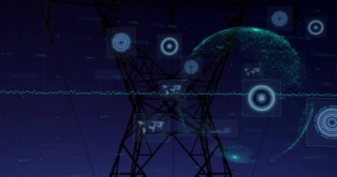Dünya ve elektrik pilonu üzerindeki ekranlarda tarama yapan dürbünlerin bileşimi. küresel bağlantılar, dijital arayüz ve teknoloji konsepti dijital olarak oluşturulmuş görüntü.