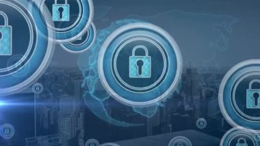 Çevrimiçi güvenlik kilitlerinin dünya ve şehir manzarası üzerindeki bileşimi. küresel bağlantılar, dijital arayüz ve teknoloji konsepti dijital olarak oluşturulmuş görüntü.