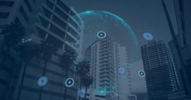 Dürbün taraması, dünya ve şehir haritası üzerinde veri işleme bileşimi. küresel bağlantılar, dijital arayüz ve teknoloji konsepti dijital olarak oluşturulmuş görüntü.