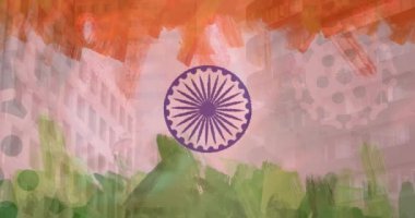 Hint bayrağı üzerinde covid 19 hücre ve modern binaların bileşimi. küresel koronavirüs salgını ve Hindistan sağlık krizi konsepti dijital olarak oluşturulmuş video.