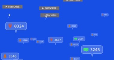 Mavi arkaplan üzerinde rakamlar olan afişler üzerine sosyal medya metninin animasyonu. küresel ağ, sosyal medya, teknoloji ve iletişim konsepti dijital olarak oluşturulmuş video.