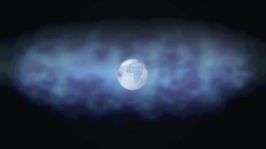 Parlayan ışık ve bulutların üzerinde dönen küre animasyonu. küresel bağlantılar, dijital arayüz ve teknoloji konsepti dijital olarak oluşturulmuş video.