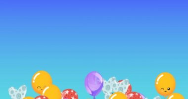 Mavi arka planda zıplayan renkli balonların canlandırması. parti ve kutlama konsepti dijital olarak oluşturulmuş video.