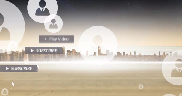 Animație Text Social Media Bannere Icoane Digitale Peste Peisaj Urban — Videoclip de stoc
