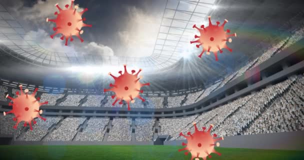 Spor Stadyumunun Üzerinde Covid Hücrenin Animasyonu Spor Etkinliği Coronavirus Pandemik — Stok video