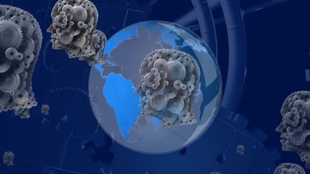 Composition Human Heads Cogs Globe Blue Background Global Connections Digital — Stock Video