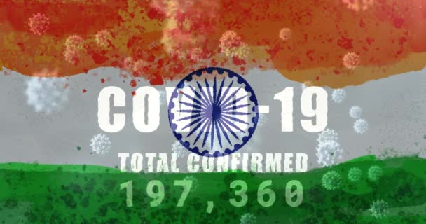 インドの国旗の上で数が変化する19個の細胞とパンデミック全体の症例の構成 世界的なコロナウイルスパンデミックインドの医療危機の概念デジタルで生成されたビデオ — ストック動画