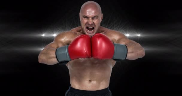 Animación Boxeador Caucásico Gritando Antes Pelea Por Los Focos Evento — Vídeos de Stock