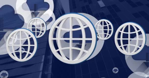 Анімація Глобусу Хмарних Іконок Стрілками Глобусом Обертаються Над Сучасними Будівлями — стокове відео