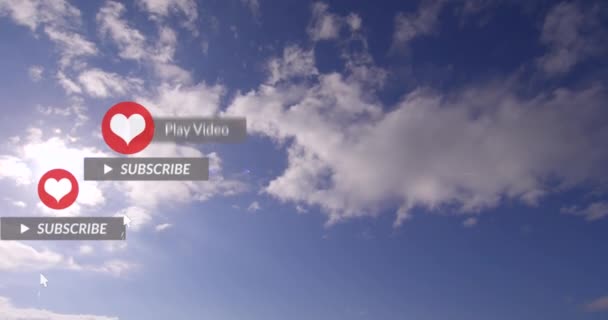 Animering Sociala Medier Text Banderoller Med Digitala Ikoner Över Himlen — Stockvideo