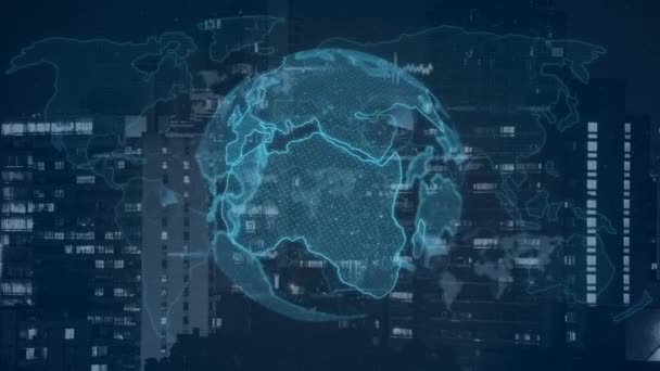 Skład Przetwarzania Danych Ekranach Całym Świecie Mapie Świata Globalne Połączenia — Wideo stockowe
