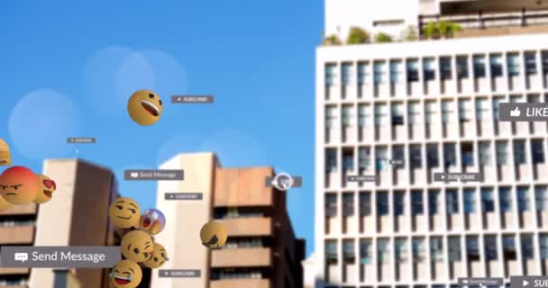Animación Texto Redes Sociales Banners Con Emojis Sobre Paisaje Urbano — Vídeos de Stock