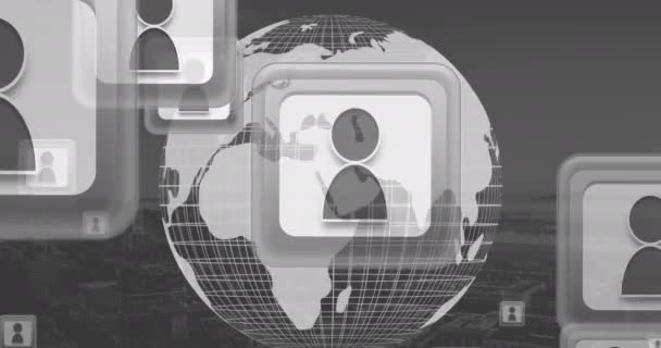 Анімація Людей Ікони Глобус Обертаються Сірому Фоні Глобальні Єднання Цифровий — стокове відео