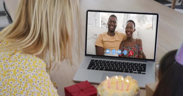 Caucasian Mother Daughter Celebrating Birthday Having Video Call Laptop Home — Stock Video