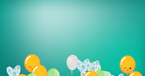 Animación Globos Colores Con Caras Rebotando Sobre Fondo Verde Concepto — Vídeo de stock