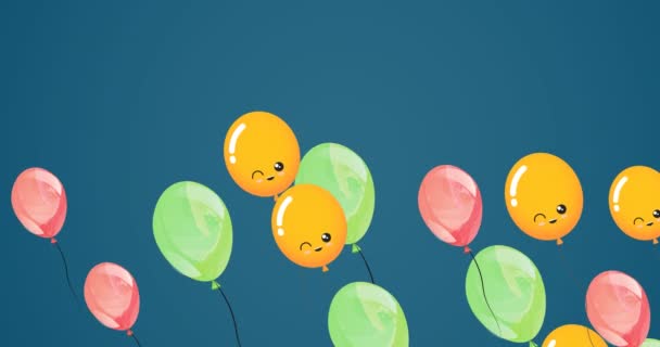 Animação Balões Coloridos Com Rostos Voando Sobre Fundo Azul Festa — Vídeo de Stock
