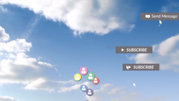 Animering Sociala Medier Text Banderoller Med Digitala Ikoner Över Himlen — Stockvideo