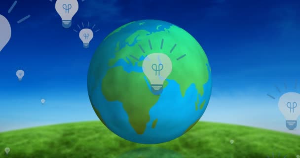 Animation Light Bulbs Globe Spinning Landscape Global Connections Digital Interface — Stock Video