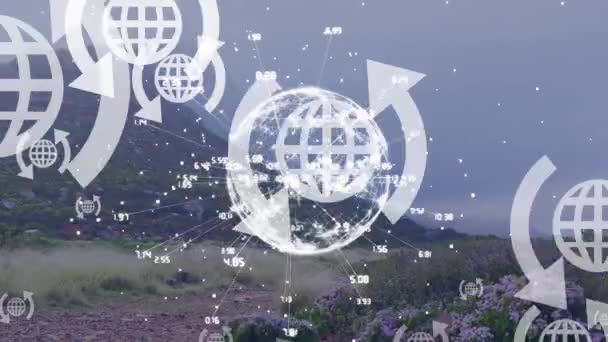 Animation Globe Icons Arrows Globe Spinning Landscape Global Travel Connections — Stock Video