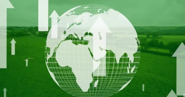 Composition White Arrows Globe Landscape Green Background Global Connections Digital — Stock Video