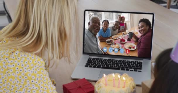 Caucasian Mother Daughter Celebrating Birthday Having Video Call Laptop Home — Stock Video