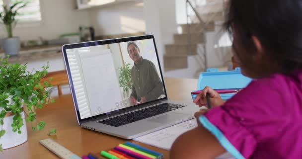 Vegyes Versenyző Lány Asztalnál Laptoppal Online Iskolai Leckét Otthon Elkülönítve — Stock videók