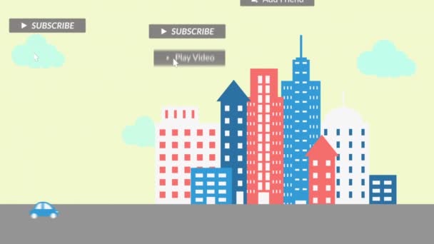 Анимация Текста Социальных Сетях Баннерах Цифровыми Иконками Над Городским Пейзажем — стоковое видео
