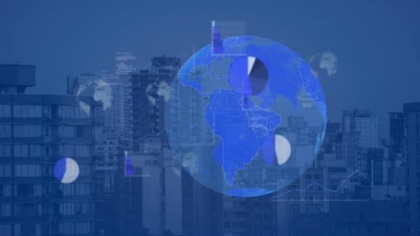 Composição Processamento Dados Telas Sobre Globo Paisagem Urbana Conexões Globais — Vídeo de Stock