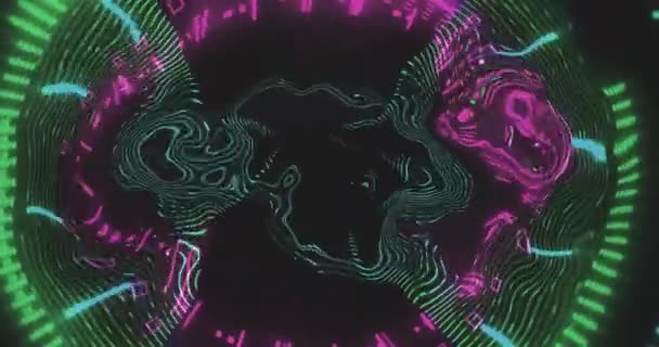 数字动画的霓虹灯万花筒效果流动纹理效果在黑色背景上 具有纹理和设计的技术背景 — 图库视频影像